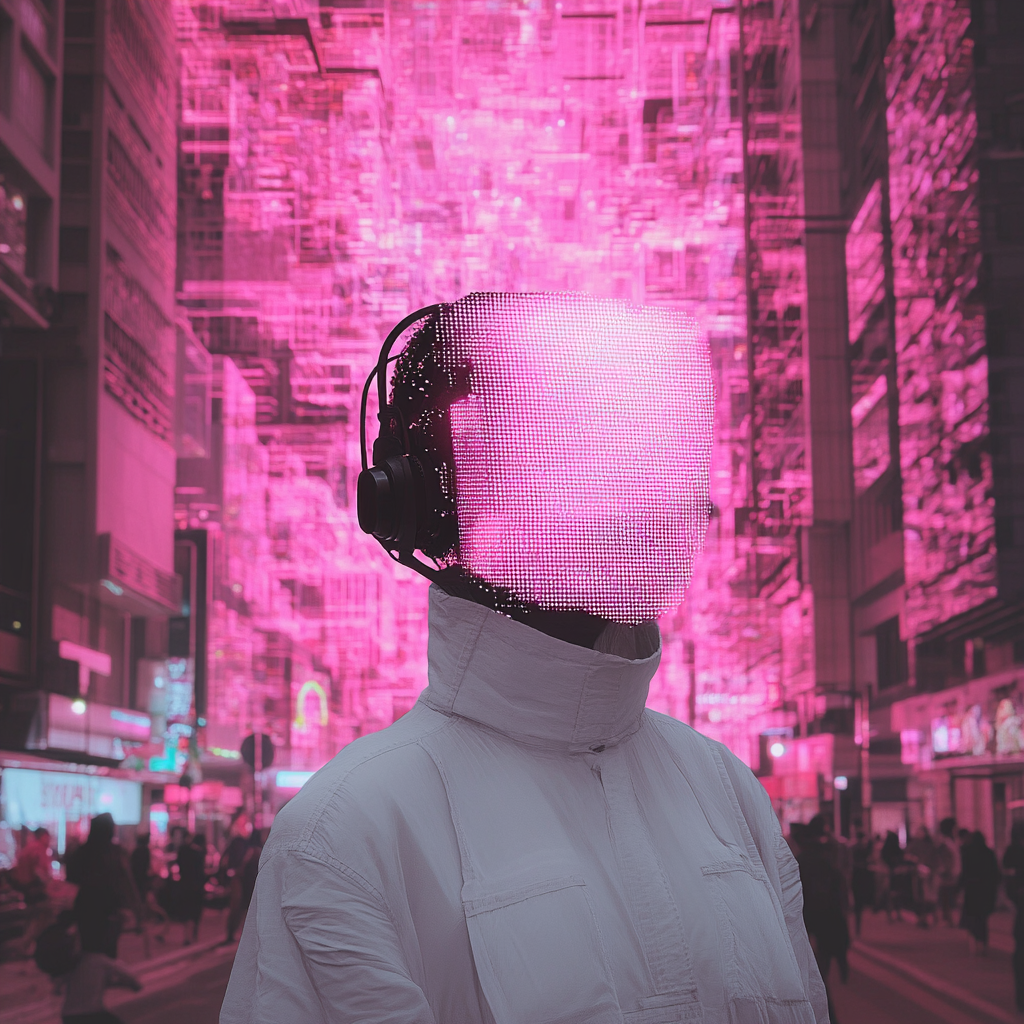 Woman in big white coat with headphones and her face is clouded with pink network lines, against a pink cityscape background.