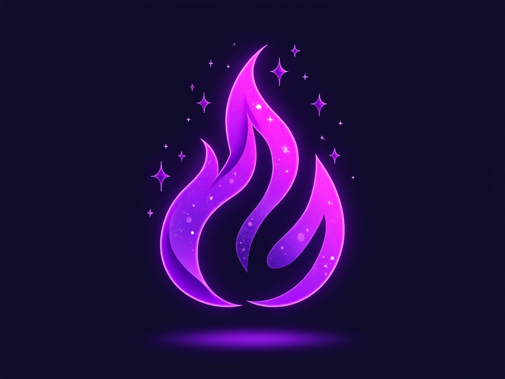 purple toned flame logo with starts and dark blue background