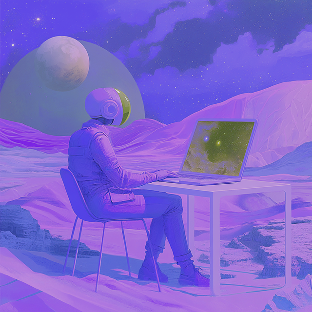 freelancer in space suit at desk with laptop on a purple mars