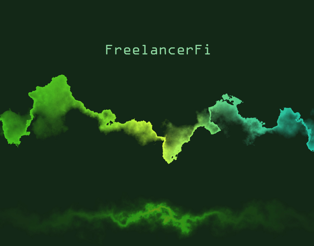 A cover image for a freelancer startup whitepaper, with a wave of greens and neon against a black background