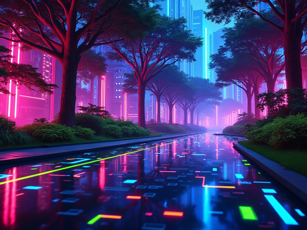 a nighttime city street paved with brightly colored blocks